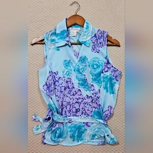Dress Barn Blue & Purple Sleeveless Floral Wrap Blouse Size M